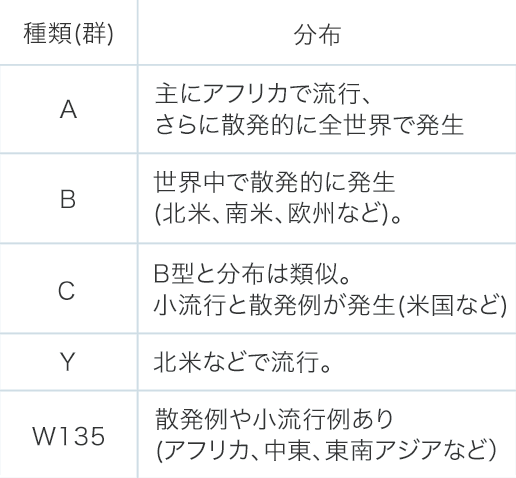 髄膜炎菌の種類（血清群）と分布